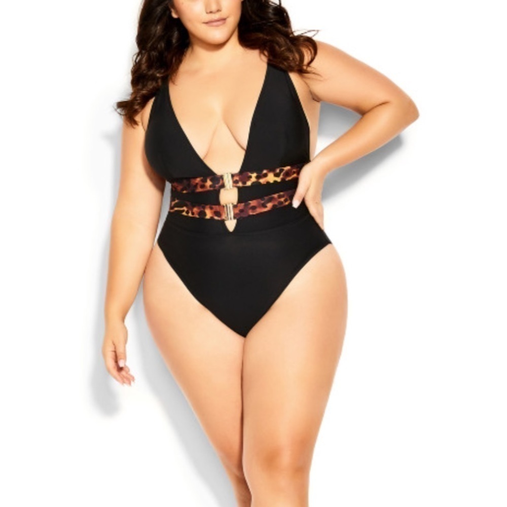 CITY CHIC 14/18W Black 1 Piece Plunge Vibeka Print Swimsuit SS01.8